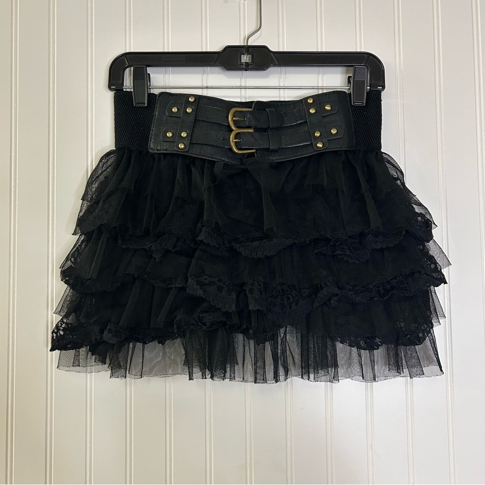 Black Tiered Lace Tulle Mini Skirt Buckle Waist Size Small